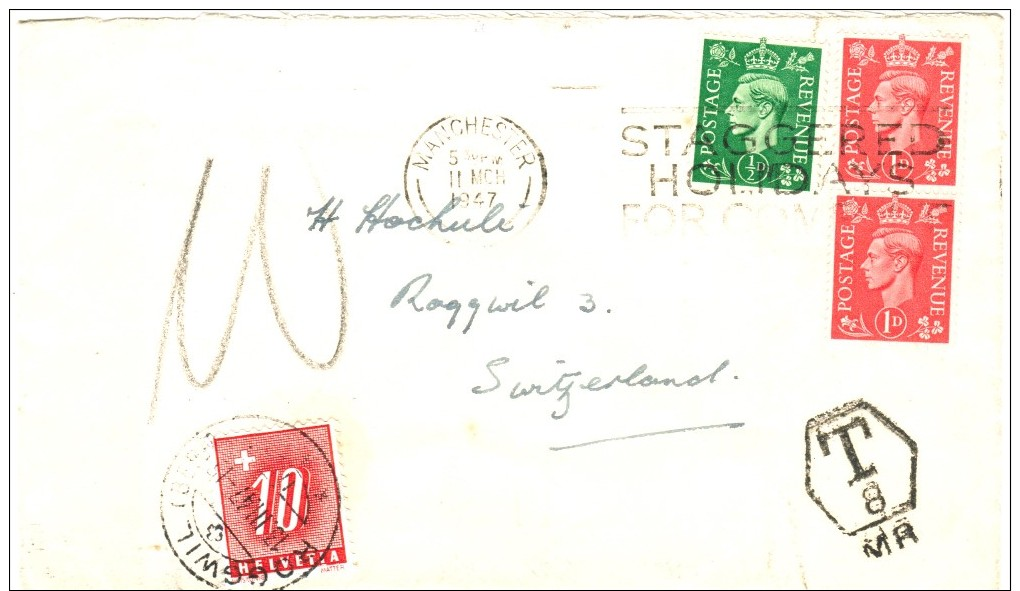 Schweiz Portomarken P 55 Auf Ausl.- Brief V. Manchester, GB 1947 - Mixed Franking GB + CH - Strafportzegels