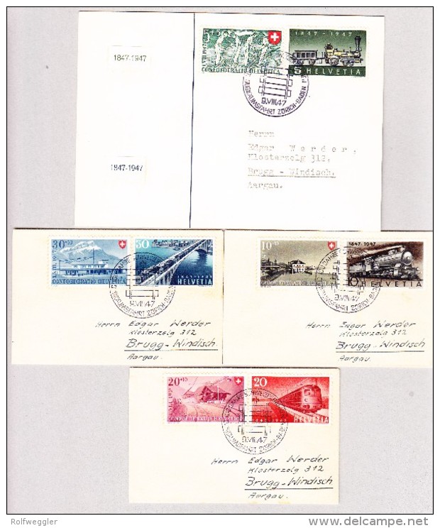 Schweiz Werbe 9.8.1947 Jübiläumsfahrt Zürich-Baden 100J. Schweizerbahn Lot 3 Briefli Und Karte Nach Brugg-Windisch - Briefe U. Dokumente