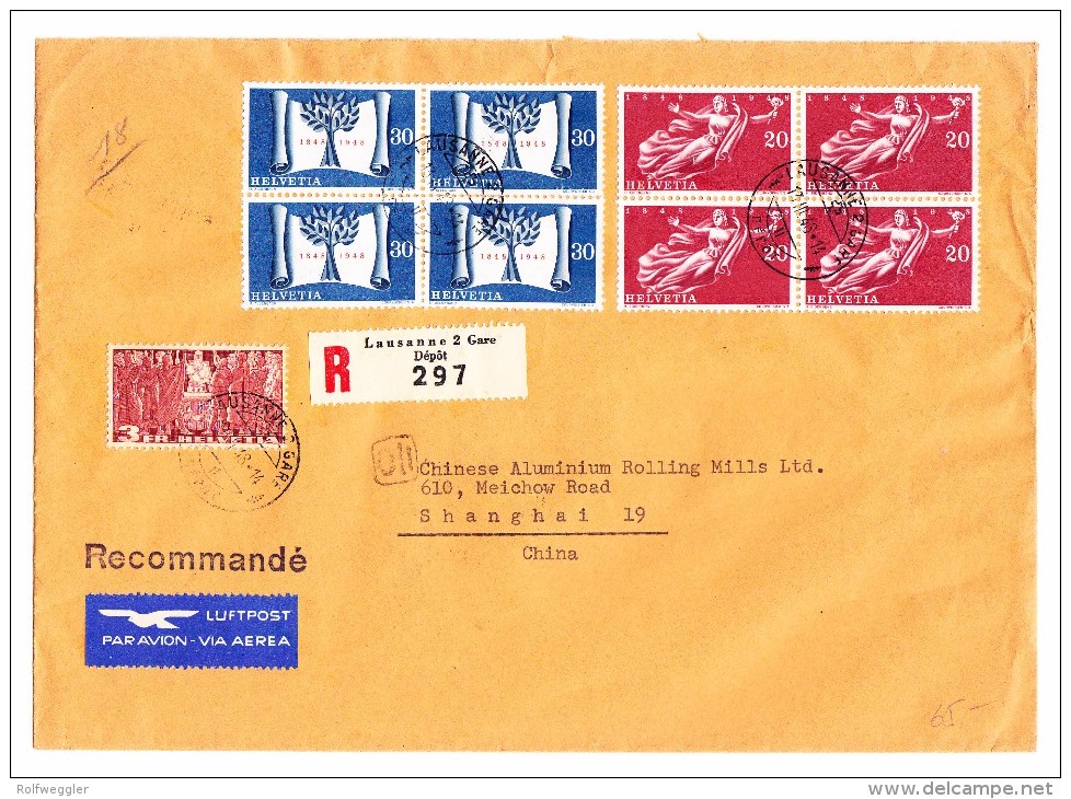 Schweiz Werbe 13.3.1948 Lausanne 2 Flugpost R-Brief Nach Schanghai China Transitst. New-York - Lettres & Documents