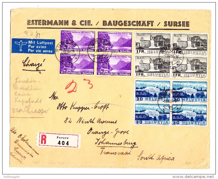 Schweiz Werbe 1.8.1938 Sursee Luftpost R-Brief Nach Johannesburg - Lettres & Documents