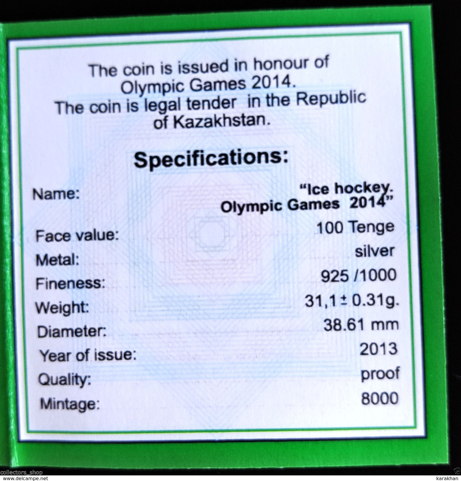 KAZAKHSTAN: 2013 Silver 100 Tenge SPORT HOCKEY Olympic Games 2014 PRF - Kazakhstan