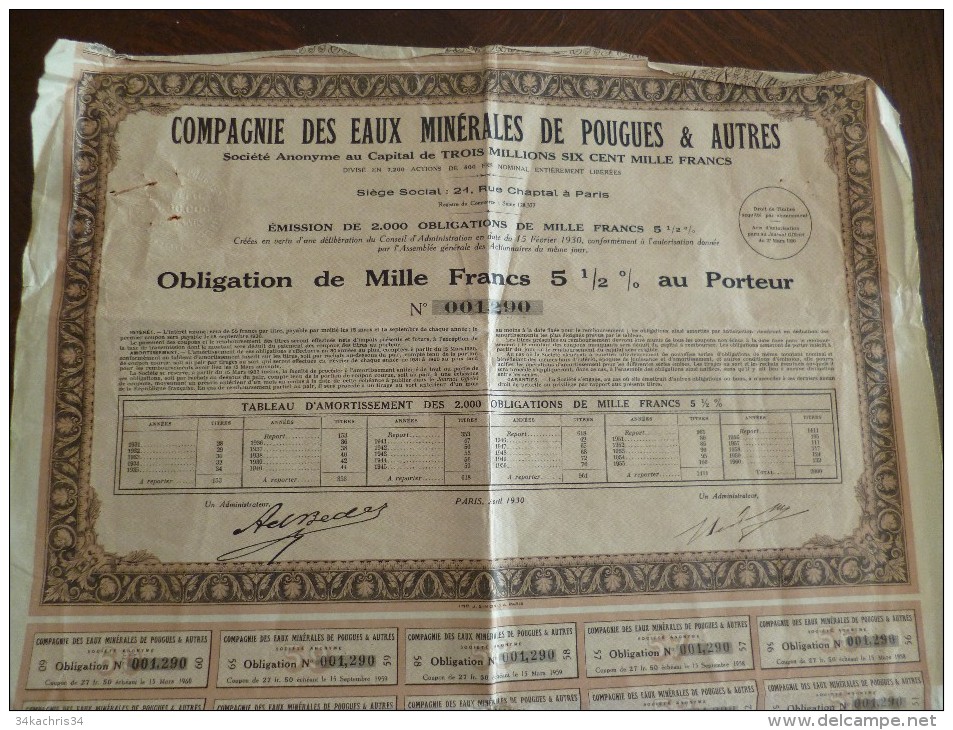 Action Obligation 1000 F 2 000 Ex Compagnie Des Eaux Minérales De Pouges Et Autres 1930 En L'état - Eau