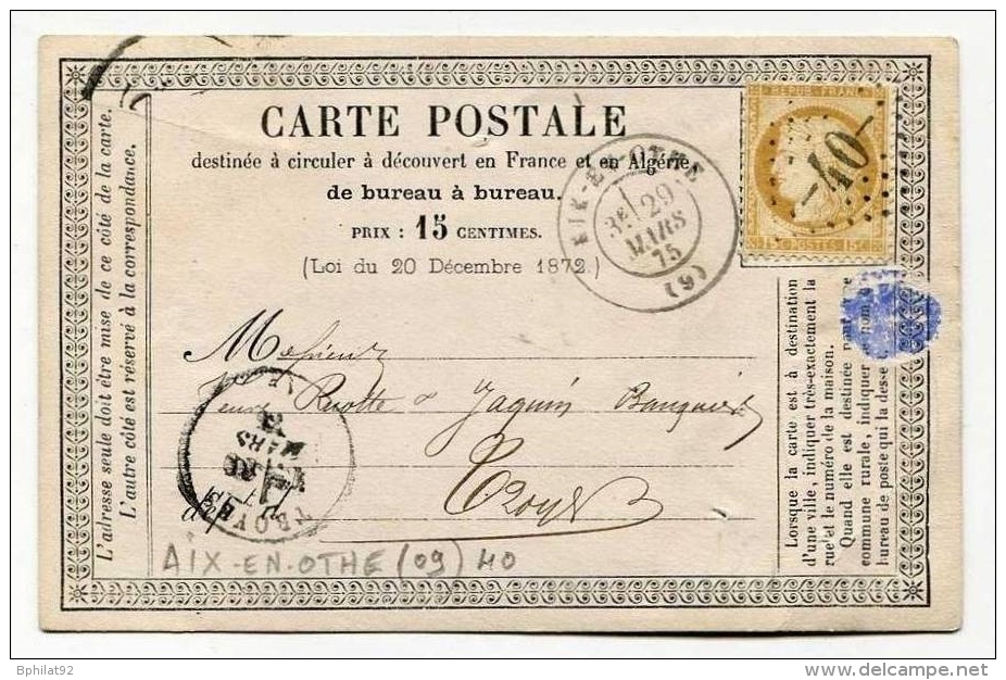 !!! CARTE PRECURSEUR CERES CACHET D´AIX EN OTHE ( AUBE ) 1875 - Cartes Précurseurs