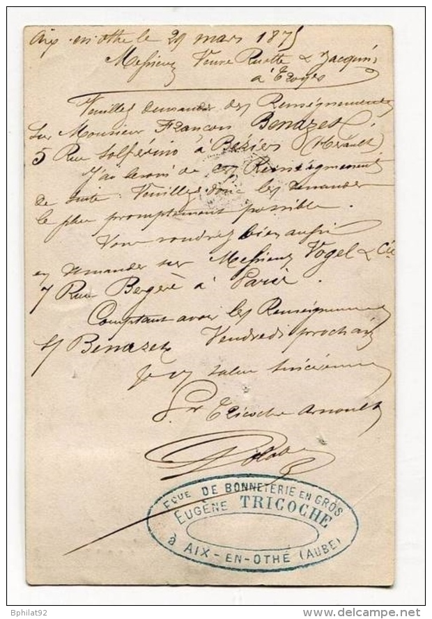 !!! CARTE PRECURSEUR CERES CACHET D´AIX EN OTHE ( AUBE ) 1875 - Cartes Précurseurs