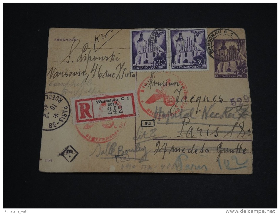 POLOGNE - Carte Postale Recommandée Avec Censure Allemande Pour Paris Puis Redirigée - Rare - Fev 1942 - A Voir - P19500 - Generalregierung