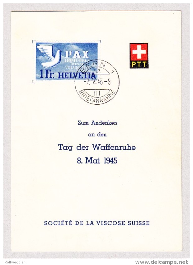 Schweiz Werbe 9.5.1945 Bern 1Fr Pax #270 Zum Andenken An Den Tag Waffenruhe 8 Mai 1945 PTT Faltblatt - Briefe U. Dokumente