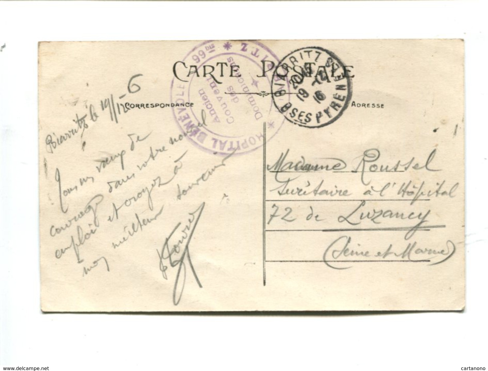 Cachet De Franchise Militaire - BIARRITZ Hôpital Bénévole 99bis Ancien Couvent Des Dominicains - WW I