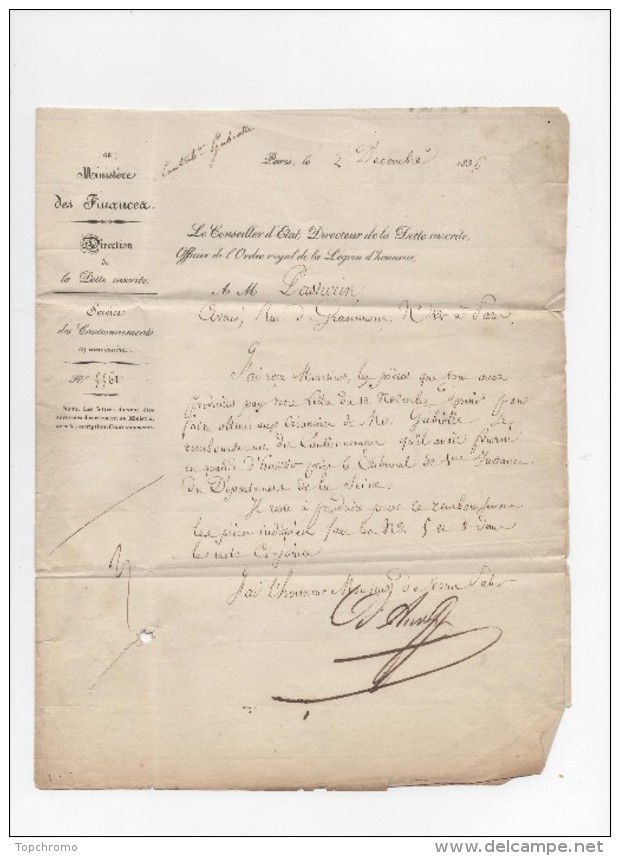 Lettre Ministère Des Finances Direction De La Dette Inscrite à Mr Pasturin Avoué Paris 1836 - 1801-1848: Précurseurs XIX