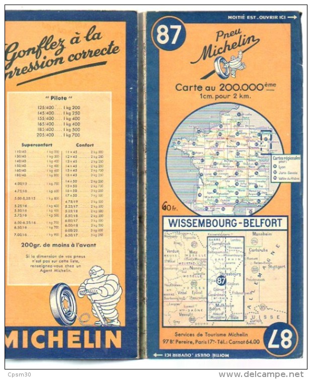 Carte Géographique MICHELIN - N° 087 WISSEMBOURG-BELFORT 1948 - Cartes Routières