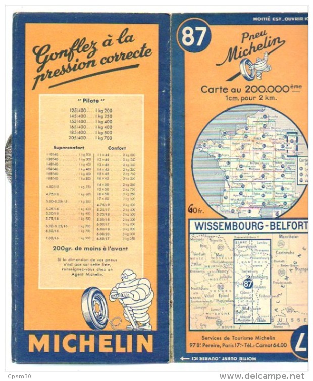 Carte Géographique MICHELIN - N° 087 WISSEMBOURG-BELFORT 1948 - Cartes Routières