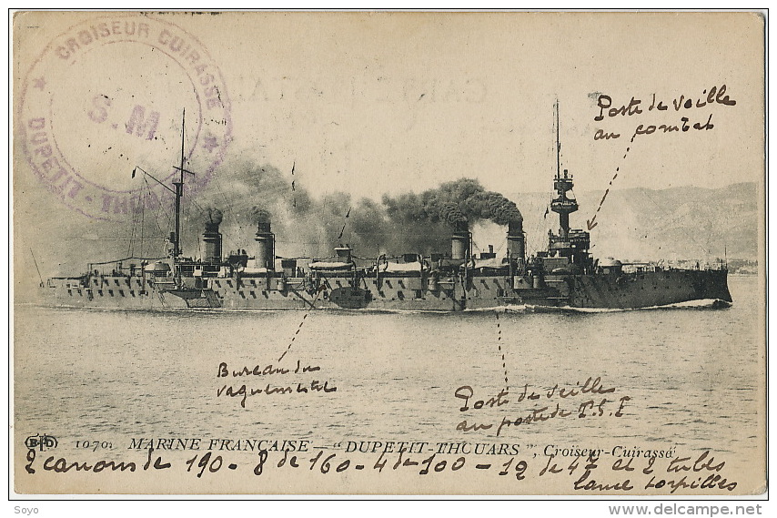 ELD Marine " Dupetit Thouars " Croiseur Cuirassé Cachet Bateau Guerre 1915 Envoi De Brest Vaguemestre TSF - Guerra