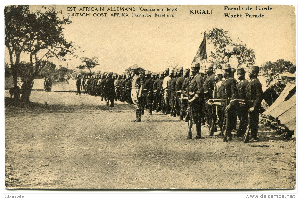 CONGO BELGE CARTE POSTALE ENTIER SURCHARGE EST AFRICAIN ALLEMAND (OCCUPATION BELGE) N°4 KIGALI PARADE DE GARDE - Entiers Postaux