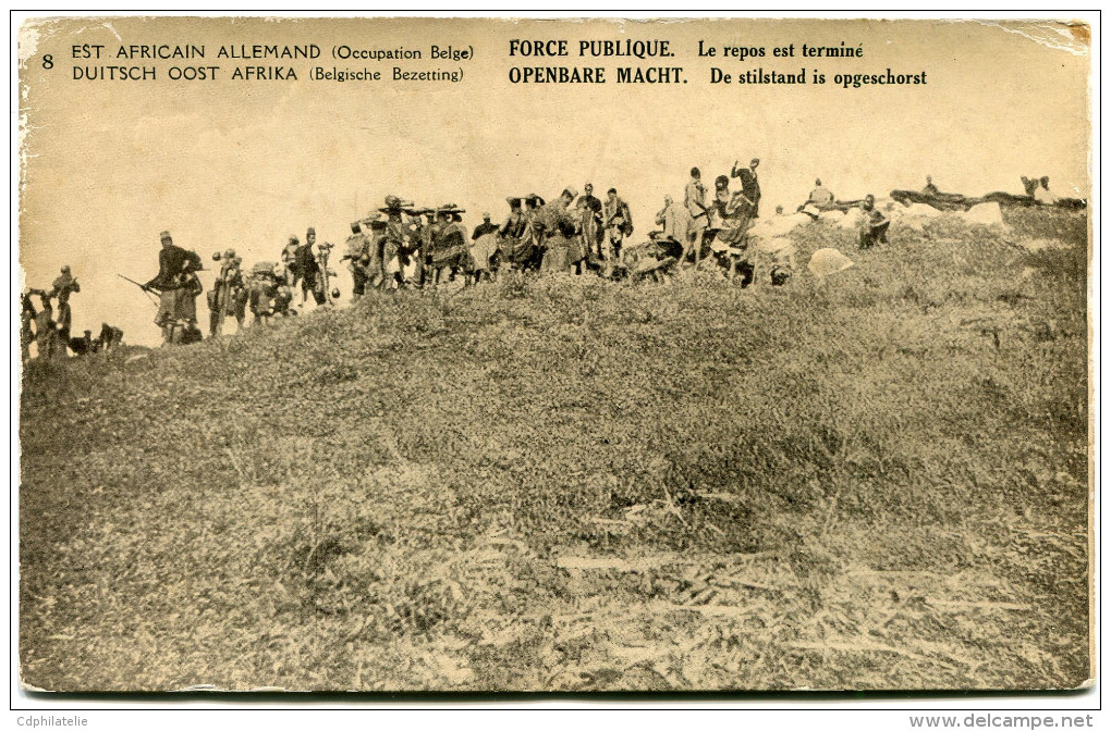 CONGO BELGE CARTE POSTALE ENTIER SURCHARGE EST AFRICAIN ALLEMAND (OCCUPATION BELGE) N°8  FORCE PUBLIQUE LE REPOS EST.... - Interi Postali