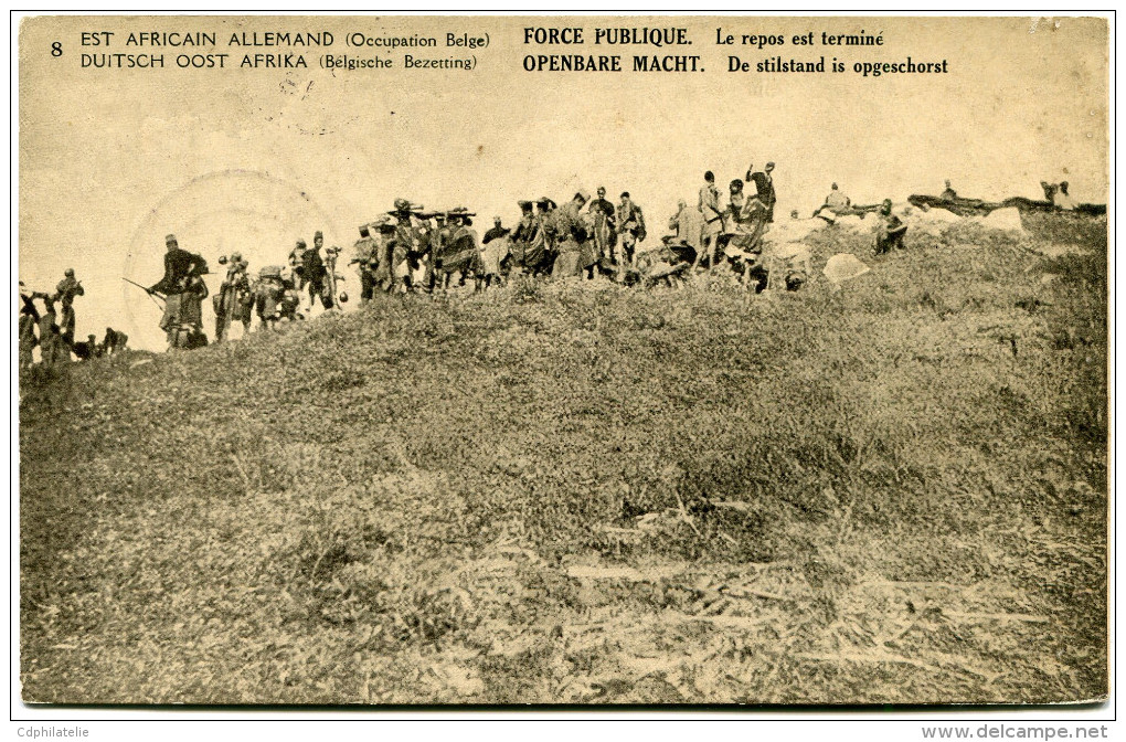 CONGO BELGE CARTE POSTALE ENTIER SURCHARGE EST AFRICAIN ALLEMAND (OCCUPATION BELGE) N°8  FORCE PUBLIQUE LE REPOS EST.... - Entiers Postaux