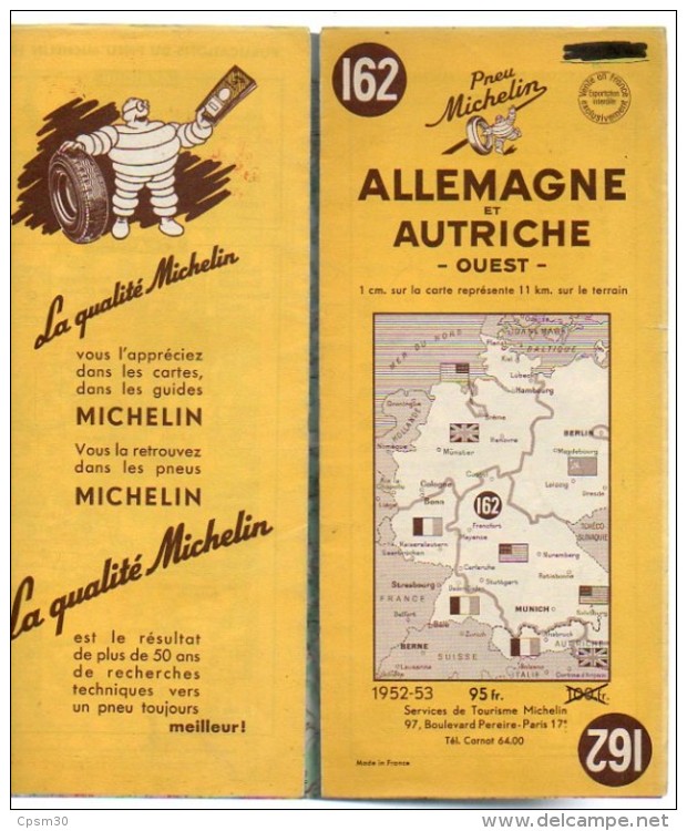 Carte Géographique MICHELIN - N° 162 ALLEMAGNE Et AUTRICHE Ouest 1952-53 (1954 Sur Carte) - Cartes Routières