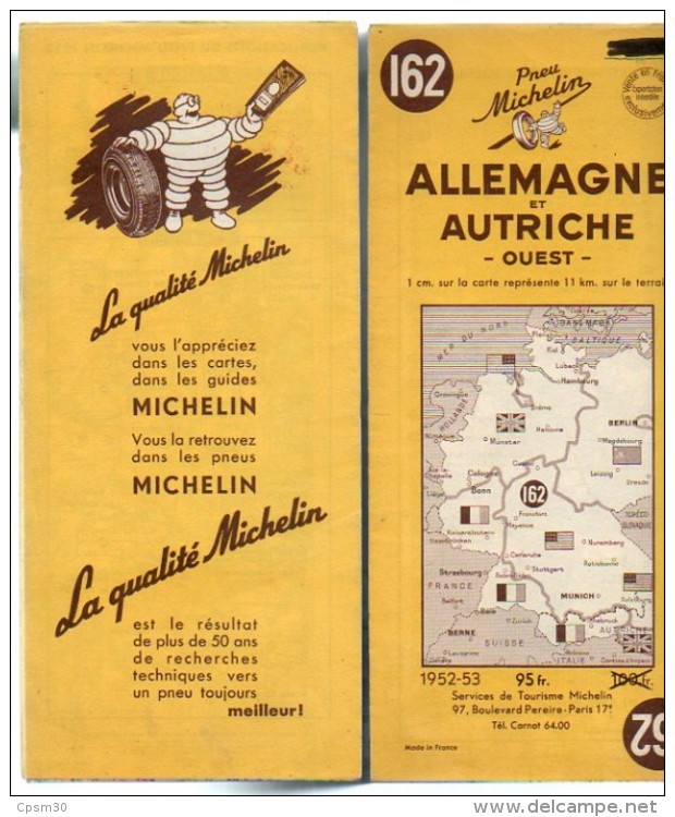 Carte Géographique MICHELIN - N° 162 ALLEMAGNE Et AUTRICHE Ouest 1952-53 (1954 Sur Carte) - Cartes Routières