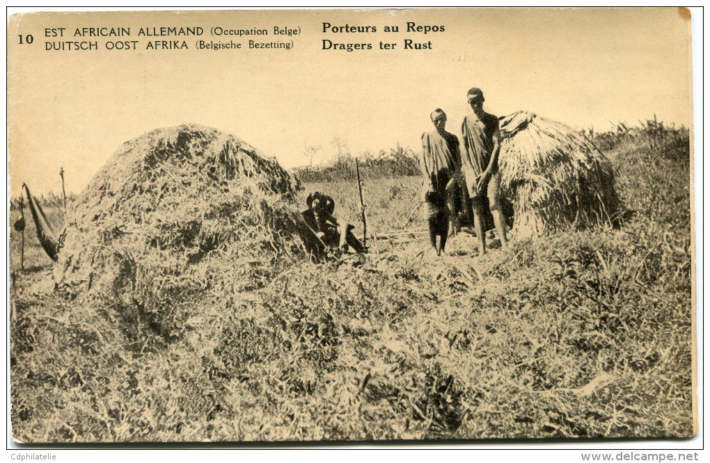 CONGO BELGE CARTE POSTALE ENTIER SURCHARGE EST AFRICAIN ALLEMAND (OCCUPATION BELGE) N°10 PORTEURS AU REPOS - Postwaardestukken