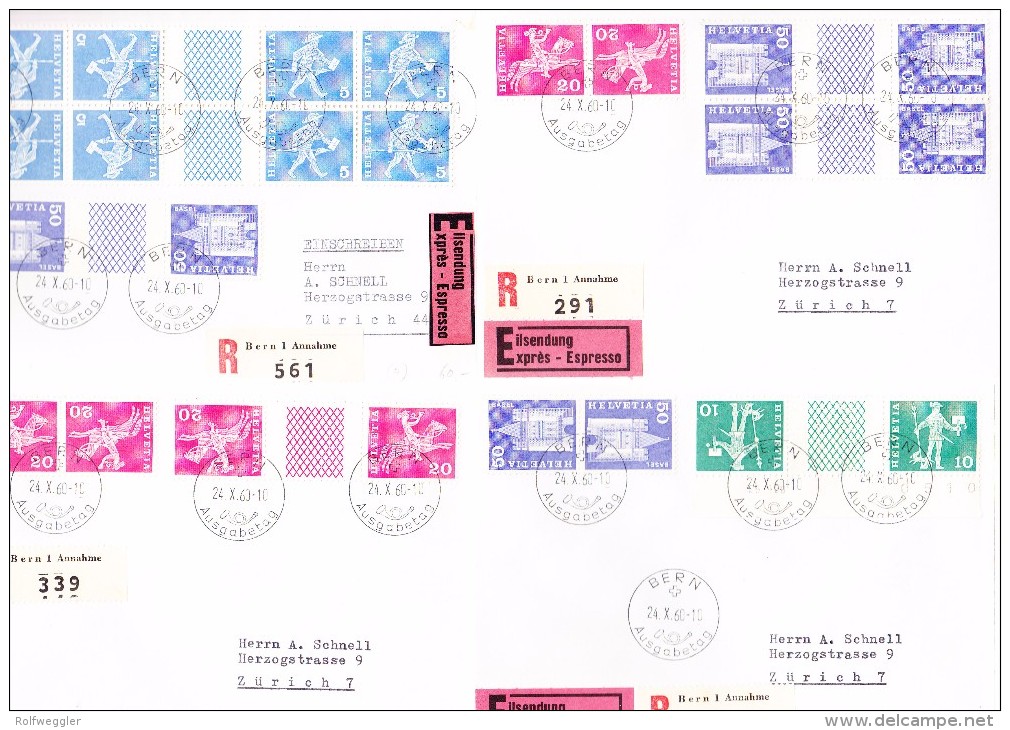 Schweiz Werbe Serie Zwischensteg S63-S66 Kombination Mit Kehrdrucken K45-K48 Auf 4 Briefe 24.10.1960 Bern FDC  R-Briefe - Lettres & Documents