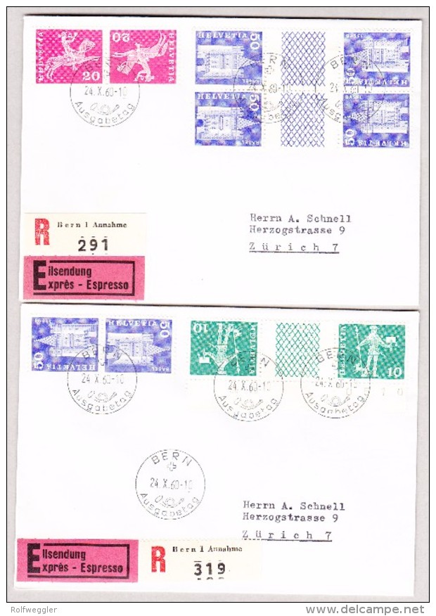 Schweiz Werbe Serie Zwischensteg S63-S66 Kombination Mit Kehrdrucken K45-K48 Auf 4 Briefe 24.10.1960 Bern FDC  R-Briefe - Lettres & Documents