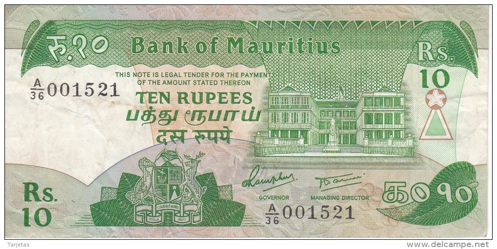 BILLETE DE MAURITIUS DE 10 RUPEES (BANKNOTE) - Maurice