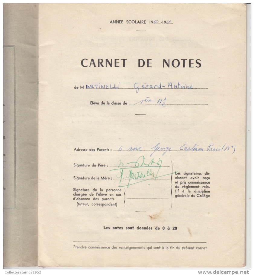 4266FM- JULLES FERRY-VERSAILLES COLLEGE SCHOOL REPORT, GRADES, 34 PAGES, 1960, FRANCE - Diplômes & Bulletins Scolaires