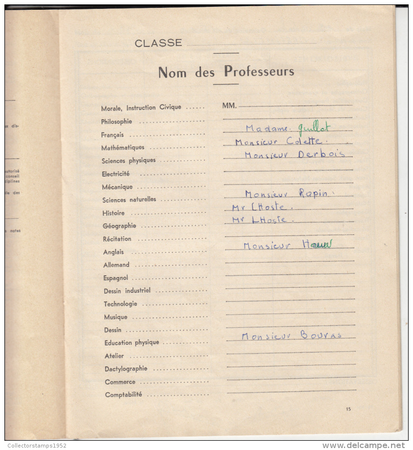 4266FM- JULLES FERRY-VERSAILLES COLLEGE SCHOOL REPORT, GRADES, 34 PAGES, 1960, FRANCE