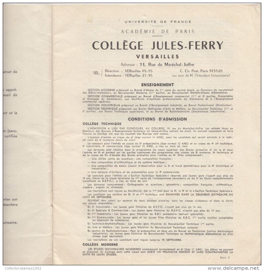 4267FM- JULLES FERRY-VERSAILLES COLLEGE SCHOOL REPORT, GRADES, 42 PAGES, 1959, FRANCE - Diplômes & Bulletins Scolaires