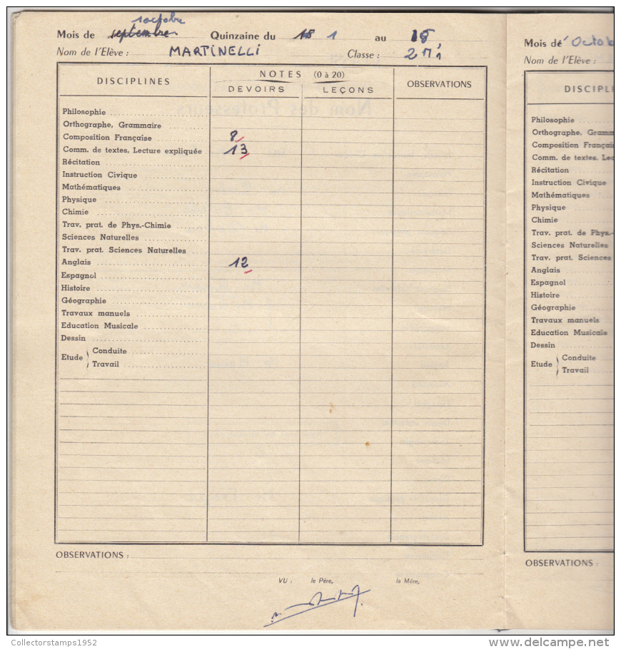 4267FM- JULLES FERRY-VERSAILLES COLLEGE SCHOOL REPORT, GRADES, 42 PAGES, 1959, FRANCE