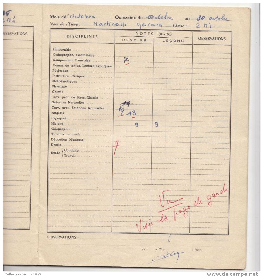 4267FM- JULLES FERRY-VERSAILLES COLLEGE SCHOOL REPORT, GRADES, 42 PAGES, 1959, FRANCE