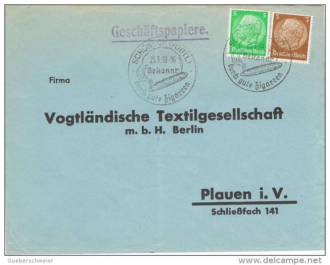 FLORA-L269 - ALLEMAGNE Obl. Illustrée De Schöneck Avec Publicité Pour Ses Cigares Sur Lettre Commerciale 1939 - Brieven En Documenten
