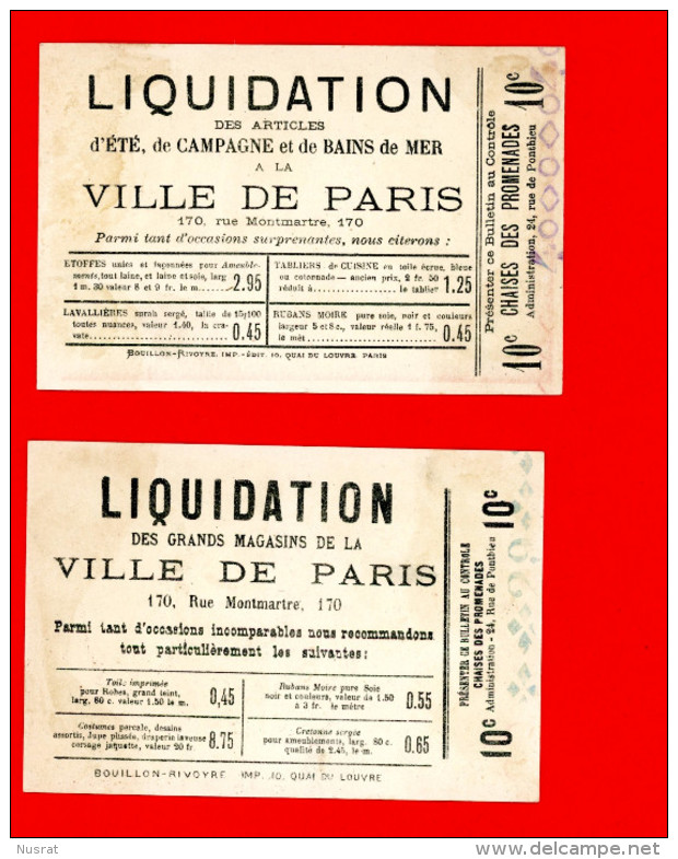 Grands Magasins Ville De Paris,  Lot De 2 Chromos Lith. Bouillon Rivoyre, Tickets De Chaise Des Promenades - Other & Unclassified
