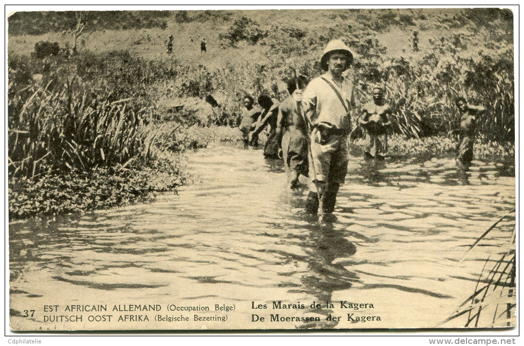 CONGO BELGE CARTE POSTALE ENTIER SURCHARGE EST AFRICAIN ALLEMAND (OCCUPATION BELGE) N°37 LES MARAIS DE LA KAGERA - Postwaardestukken