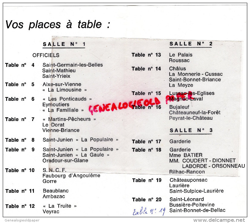 87 -SAINT JUNIEN -MENU ASSOCIATION PECHE HAUTE VIENNE-LIMOGES CERCLE UNION TURGOT- LA POPULAIRE -ASSEMBLEE GENERALE 1978 - Menus