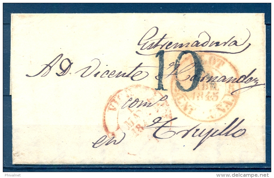 1845 , GERONA , CARTA CIRCULADA ENTRE OLOT Y TRUJILLO , PORTEO , BAEZAS DE OLOT Y VICH - ...-1850 Prephilately