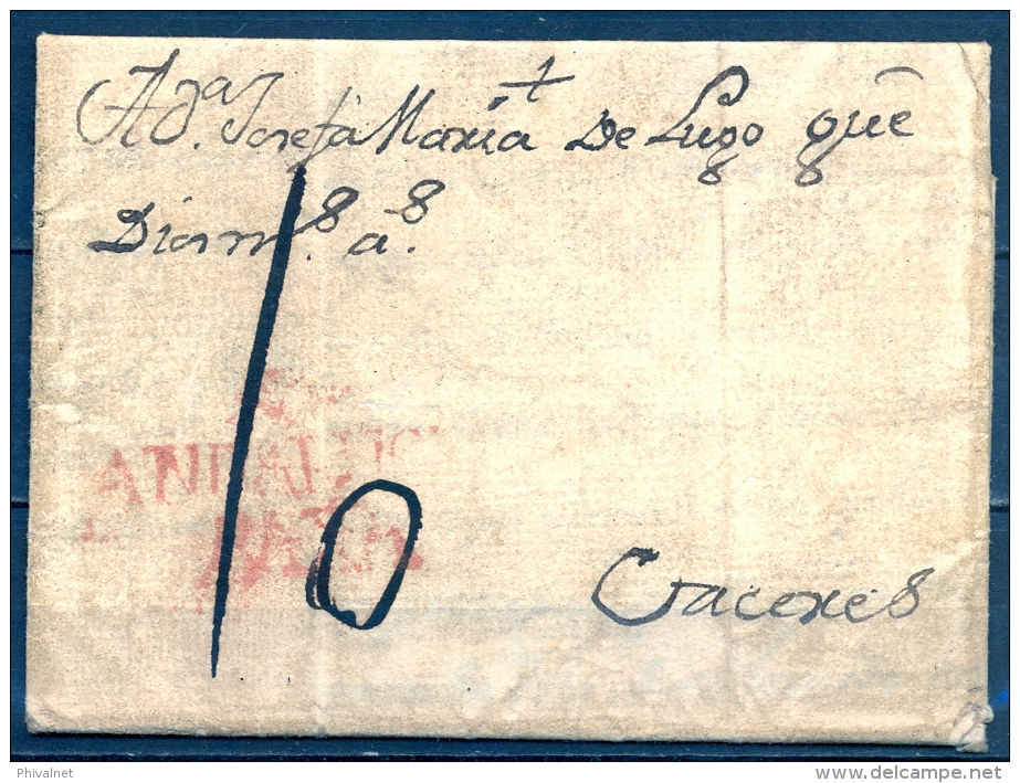 1782 , GRANADA , CARTA CIRCULADA A CÁCERES , TIZÓN Nº 2 , PORTEO - ...-1850 Prefilatelia