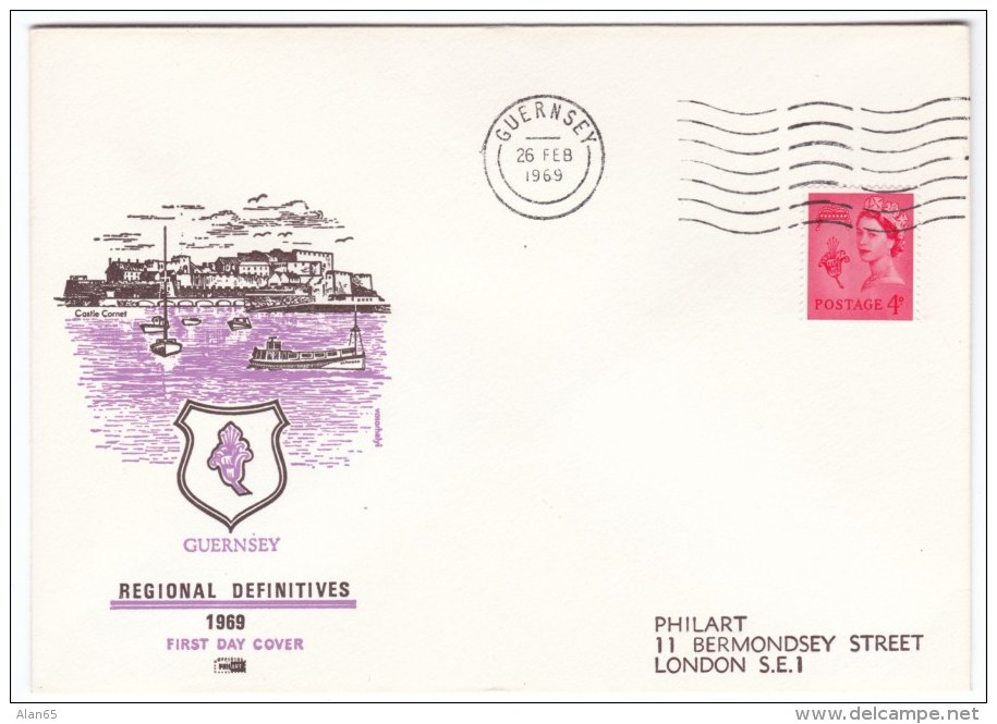 Regional Definitives 1969 First Day Cover, Guernsey 4p Issue - Guernsey