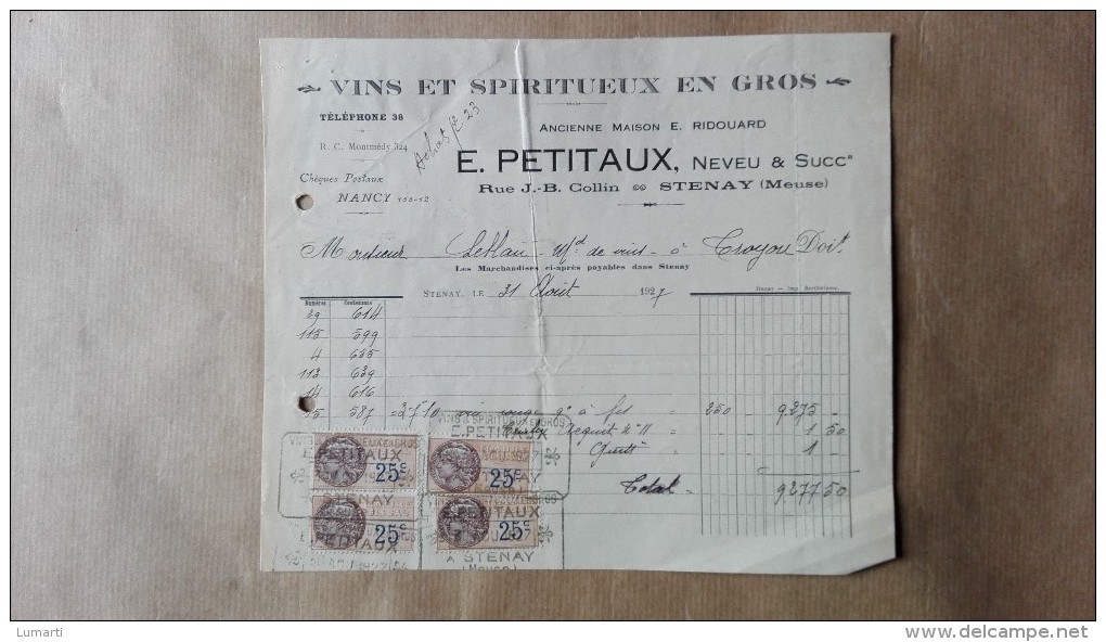 Facture Ou Lettre - Stenay ( Meuse ) - Vins Et Spiritueux En Gros E. Petitaux , Neveu & Succ E. Ridouard - 1927 - 1900 – 1949
