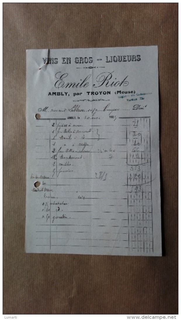 Facture Ou Lettre - Ambly Par Troyon  ( Meuse ) - Vins En Gros - Liqueurs - Emile Riot - 1925 - 1900 – 1949