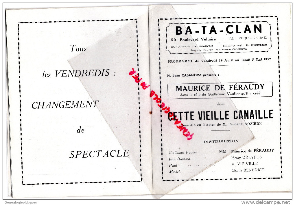 75- PARIS- PROGRAMME CABARET THEATRE DU BATACLAN- RUE VOLTAIRE-CETTE VIEILLE CANAILLE- DE FERAUDY-MARTHE ALYCIA-DREYFUS- - Programma's