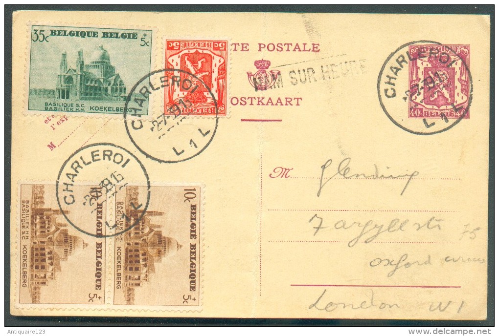 E.P. Carte 40 Centimes + Timbres KOEKELBERG Obl. Sc CHARLEROI 1 Du 2-7-1939 + Griffe HAM SUR HEURE Vers Londres. - 11169 - Linear Postmarks