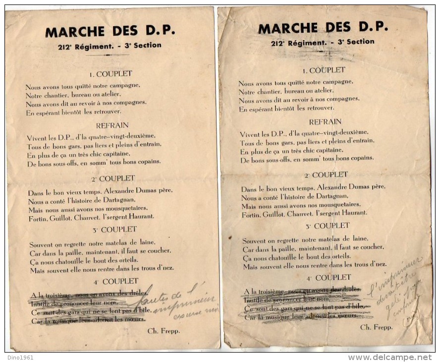 VP4879 - MILITARIA - 2 Documents Concernant La Marche Des D.P 212 ème Rgt - 3e Section - Ch. FREPP - Documenti