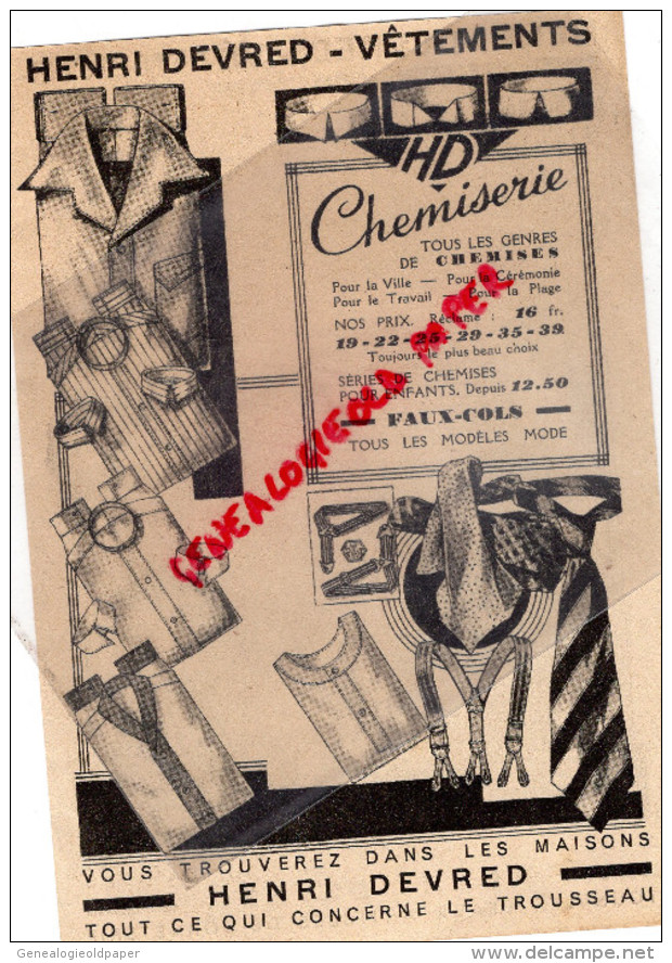 80 - AMIENS - PUBLICITE HENRI DEVRED - 1929-1930  BONNETERIE CHEMISERIE - Advertising
