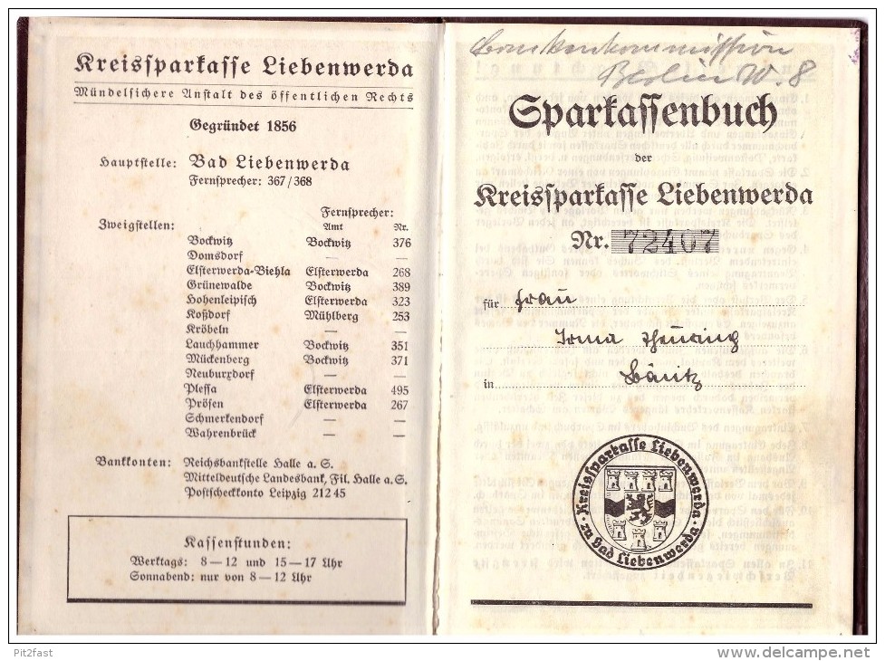 Sparbuch Der Sparkasse In Bad Liebenwerda , 1943 - 1944 , Lehnitz , Bank !!! - Bad Liebenwerda