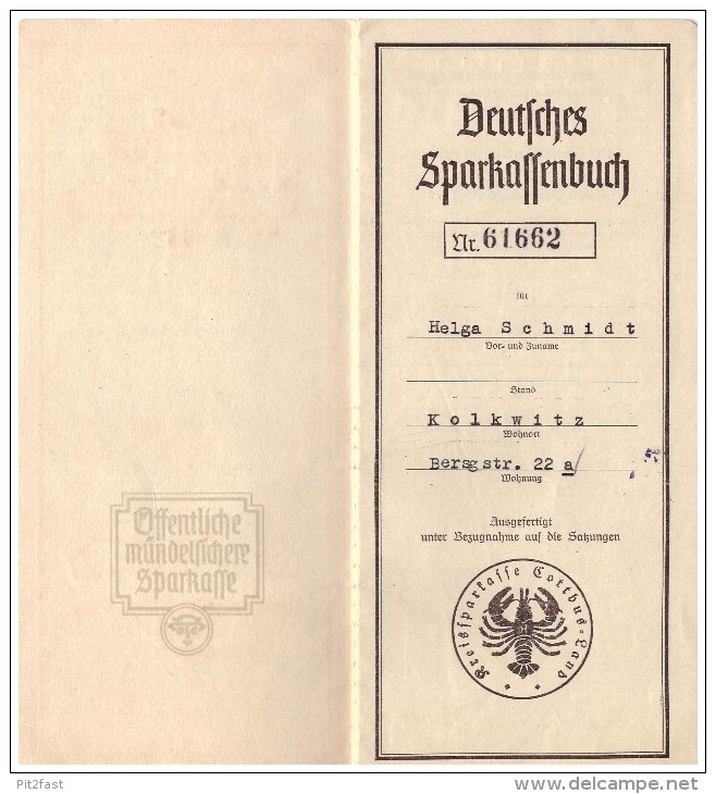 Sparbuch Der Sparkasse In Cottbus , 1943 - 1945 , Helga Schmidt In Kolkwitz , Bank !!! - Kolkwitz