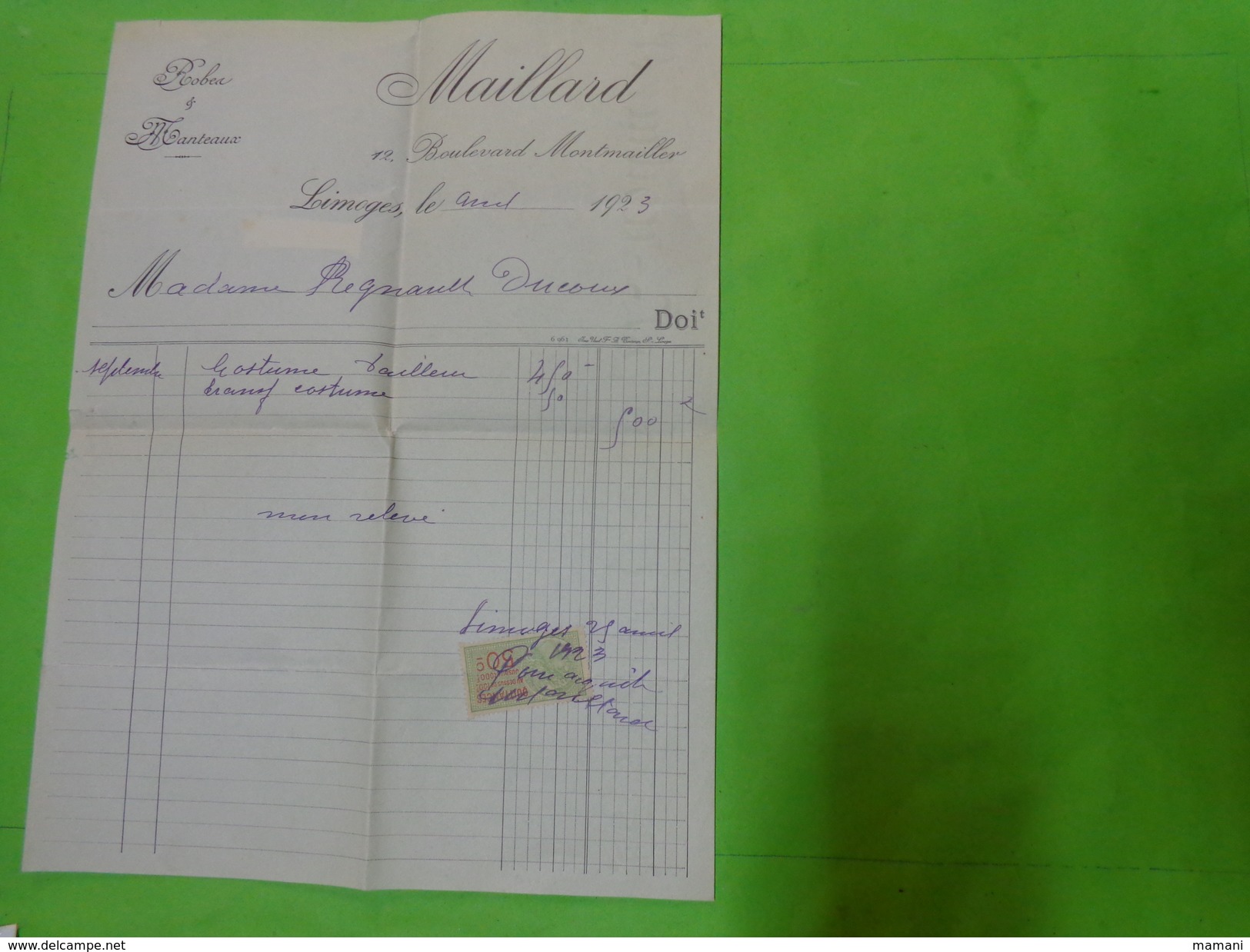 Facture Maillard Limoges Robe Manteau Timbre Fiscal 1923- - Otros & Sin Clasificación