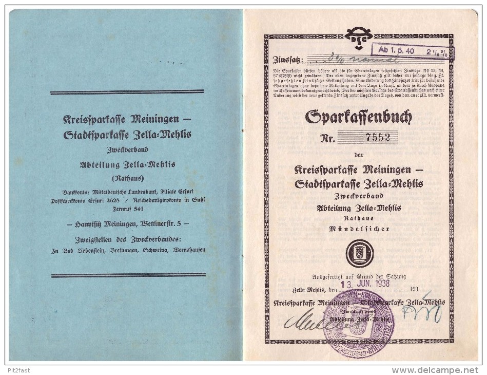 Sparbuch Der Sparkasse Zella-Mehlis , 1938-1945 , Gerda Ritz , Geb. Kessel , Meiningen , Bank !!! - Zella-Mehlis