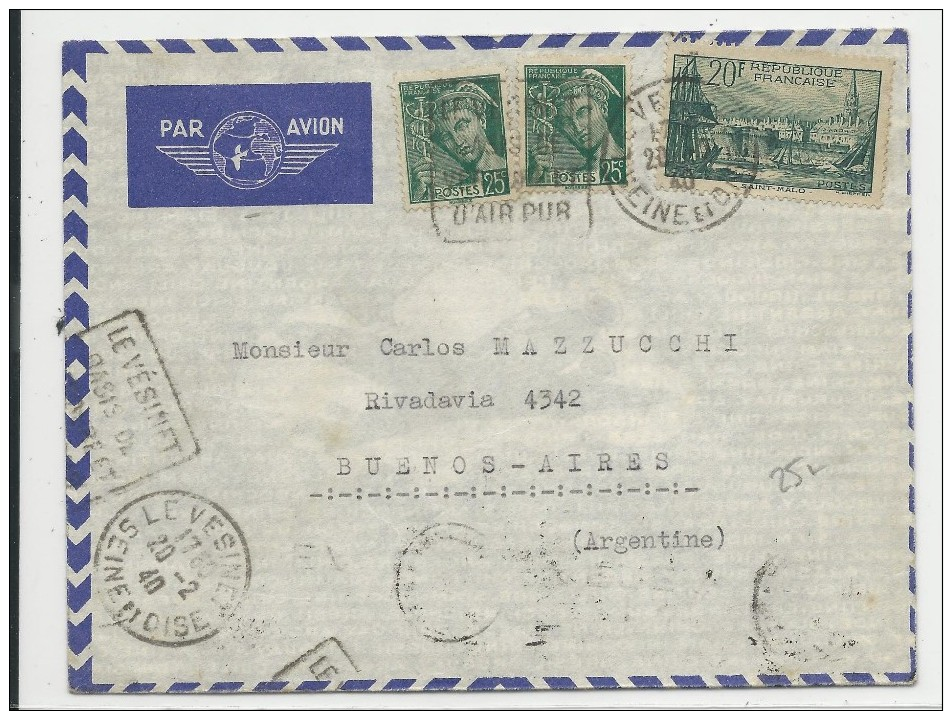 1940 - DESTINATION - ENVELOPPE AIRMAIL De LE VESINET AVEC DAGUIN Pour BUENOS AIRES (ARGENTINE) - MERCURE - 1921-1960: Modern Period