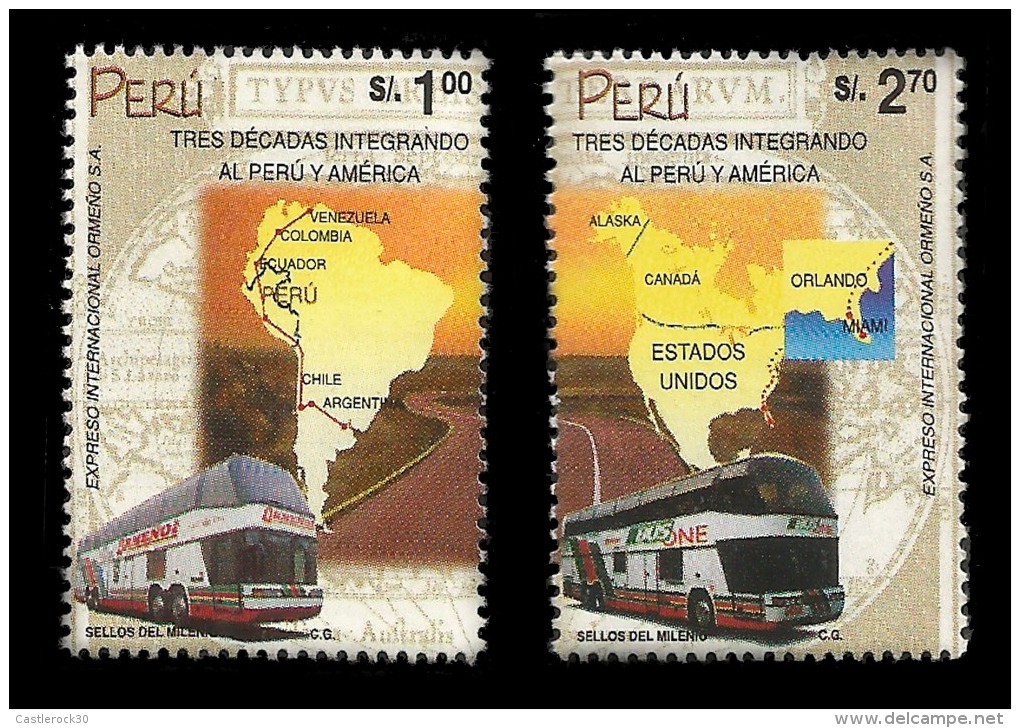E)200O PERU, ORMEÑO, BUS AND MAP OF SOUTH AMERICA AND NORTH AMERICA,  30TH ANNIV. 1266 A583 PAIR, MNH - Peru