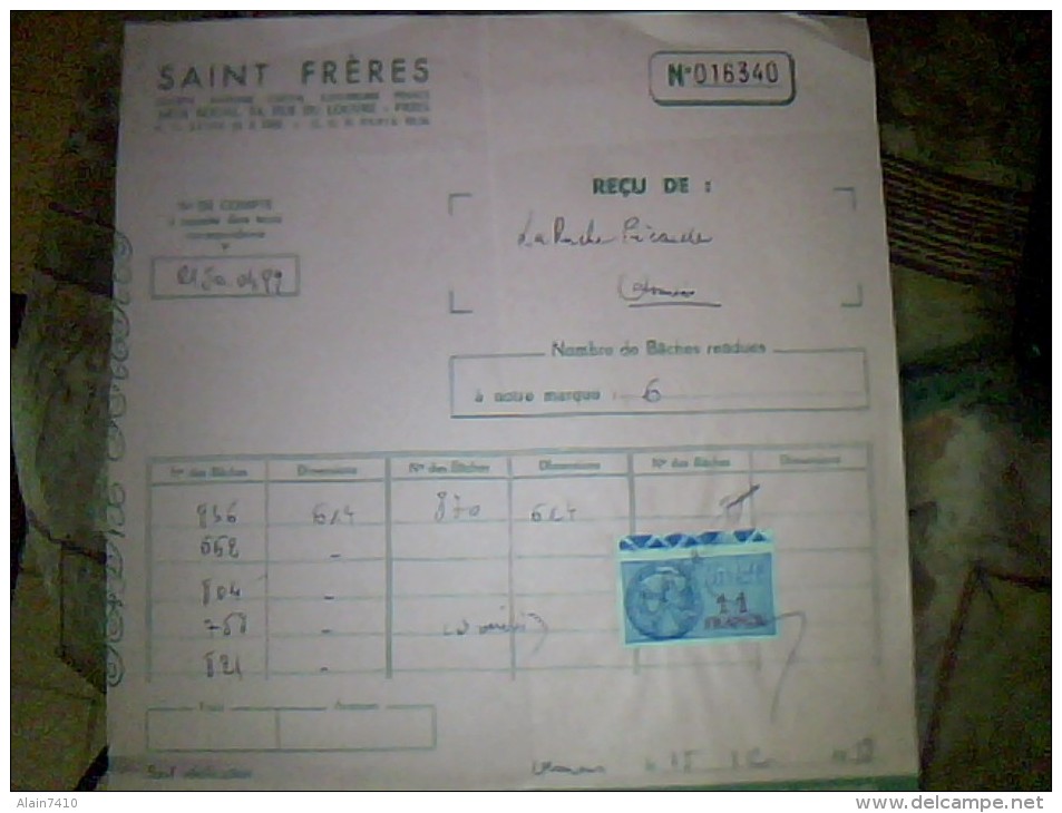 Facture Saint Frères A Paris Rue Du Louvre Annee 1958 Demi Facture Timbre  Fiscal De 11 F Tissage De Toile De Jute - Briefe U. Dokumente