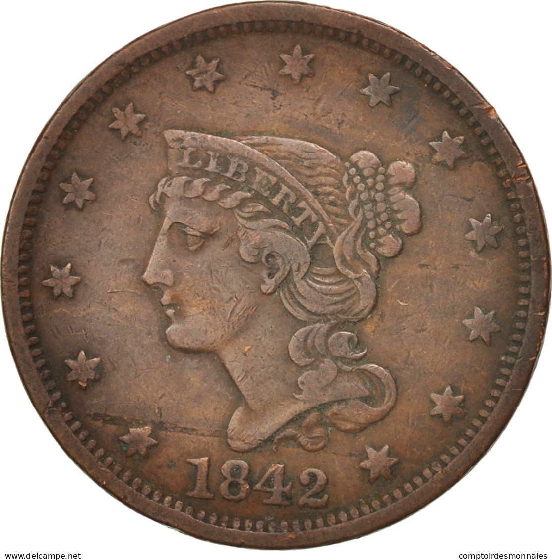 Monnaie, États-Unis, Braided Hair Cent, Cent, 1842, U.S. Mint, Philadelphie - 1840-1857: Braided Hair (Cheveux Tressés)